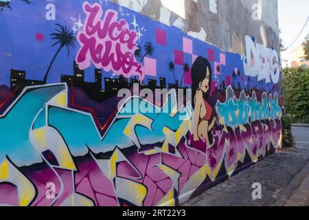 Melbourne, Australien, 12. Juni 2020: Street Art und Graffiti, berühmt in Melbourne, werden in der Gegend von Fitzroy in der Nähe der Brunswick Street gesehen Stockfoto