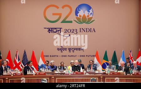 New Delhi, Indien. September 2023. Die Gruppe der Staats- und Regierungschefs der G20-Länder nimmt an der Abschlusssitzung des G20-Gipfels der Staats- und Regierungschefs am 10. September 2023 in Neu-Delhi, Indien, Teil. Foto: Presseinformationsbüro (PIB) / Credit: UPI/Alamy Live News Stockfoto