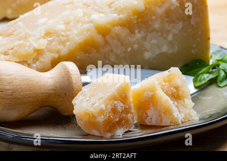 Käsesammlung, hartgereifter gelber italienischer Käseparmesan oder parmigiano reggiano aus nächster Nähe Stockfoto