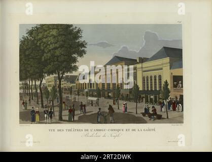 Vue des Th&#xe9;&#xe2;tres de l'Ambigu-comique et de la GA&#xee;t&#xe9;, Boulevard du Temple, 1817-1824. Private Sammlung. Stockfoto