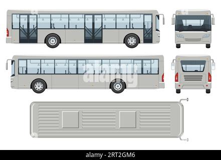 Shuttle-Bus-Vektorvorlage mit einfachen Farben ohne Verläufe und Effekte. Ansicht von der Seite, der Vorderseite, der Rückseite und der Oberseite Stock Vektor