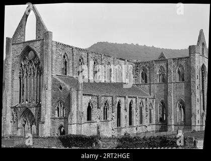 Tintern Abbey, Monmouthshire, Wales, 1940-1963. Außenansicht der Westfront, Südseite des Kirchenschiffs und Südquerschiff der Kirche der Abtei Tintern. Die Kirche hat einen kreuzförmigen Grundriss und bleibt größtenteils sofort erhalten, wobei die Höhe der Kirchenwände und ein Großteil der Fensterverfolgungen beibehalten wird. Die Westfront ist im Vordergrund, und alle drei Stangen der Front sind fast intakt. Unten befindet sich eine Reihe von Zwillingstüren mit Dreifachbögen und ein neun-Licht-Fenster darüber, das das Schreien der zweiten Stufe aufnimmt. Das Fenster hat die meisten, wenn nicht sogar die ganze Spur intakt. Darüber befindet sich ein kleineres W Stockfoto