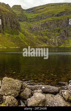 Coumshingaun Lough mit Felsen und Vegetation, Waterford, Irland Stockfoto