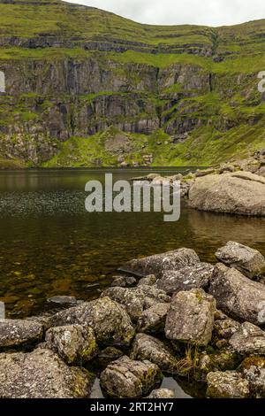 Coumshingaun Lough mit Felsen und Vegetation, Waterford, Irland Stockfoto