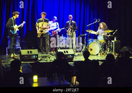 Jamie Leeming, Joe Downard, Quinn Oulton, Jas Kayser und Nathaniel Facey, Jamie Leeming Quintet, Ropetackle Arts Centre, Shoreham by Sea, 22. Februar 2023. Stockfoto