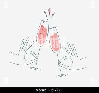 Hand hält Champagner klirrrend Gläser zeichnen in flacher Linie Stil Stock Vektor