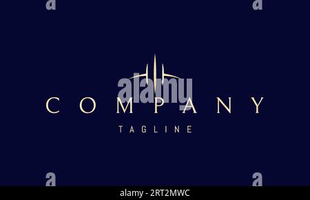 Ein goldenes Vektorlogo mit einem abstrakten Bild eines Raumschiffs am Horizont. Stock Vektor