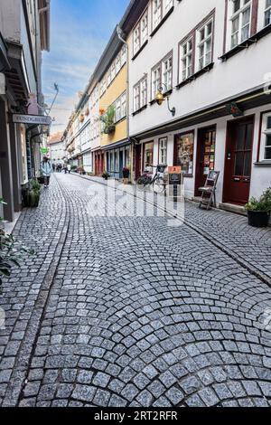 Auf der Kraemerbruecke in Erfurt, Thüringen, Deutschland. Auf der Kraemerbruecke oder Kaufmannsbrücke in Erfurt, Thüringen Stockfoto