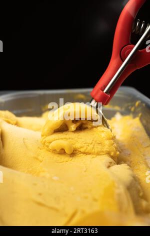 Eislöffel mit rotem Griff, aus dem Eisbehälter Stockfoto