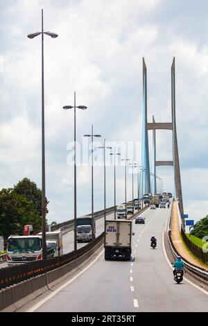 CAI BE, VIETNAM, 28. SEPTEMBER 2018: Meine Thuan-Brücke überquert den Mekong und ist ein Zeichen der Freundschaft zwischen Vietnam und Australien in Cai Be Stockfoto