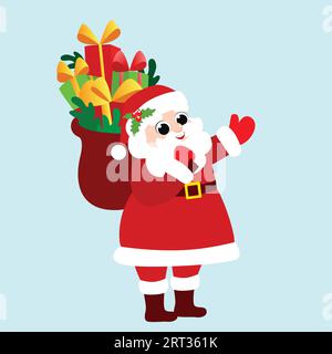 Fröhlicher Weihnachtsmann mit einer Tüte Weihnachtsgeschenke im Cartoon-Stil. Der Weihnachtsmann steht seitwärts und winkt mit der Hand. Stock Vektor
