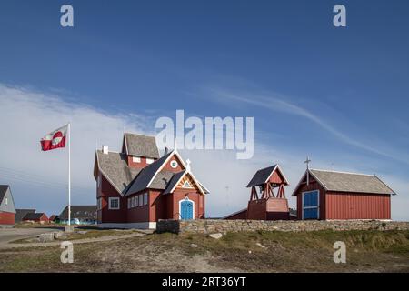 Qeqertarsuaq, Grönland, 4. Juli 2018: Die achteckige Kirche Stockfoto