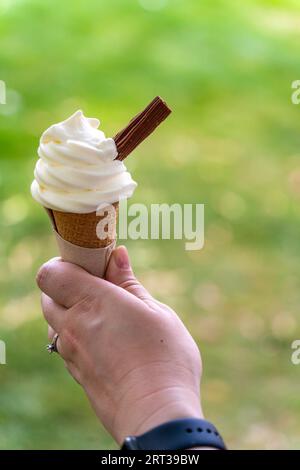 Geschlagenes, weiches Vanilleeis in einem Kegel mit einer Schokoladenflocke. Auch bekannt als Flake 99 oder Mr Whippy Stockfoto