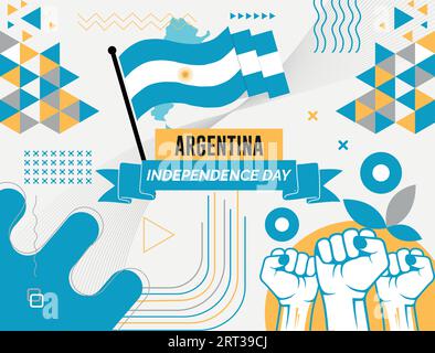 ARGENTINIEN Nationaltagsbanner mit Karte, Flaggenfarben Themenhintergrund und geometrischem abstraktem Retro-Design mit hochgezogenen Händen oder Fäusten. Stock Vektor