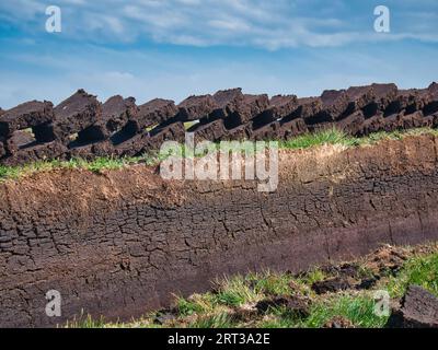 Frisch geschnittene Torfblöcke, die sich in Reihen über einem Graben in der Torfbasis stapeln und in der Sonne liegen, um zu trocknen. Aufgenommen in den Äußeren Hebriden, Schottland, Großbritannien auf A Stockfoto