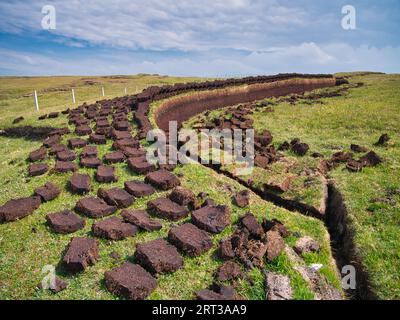 Frisch geschnittene Torfblöcke, die sich in Reihen über einem Graben in der Torfbasis stapeln und in der Sonne liegen, um zu trocknen. Aufgenommen in den Äußeren Hebriden, Schottland, Großbritannien auf A Stockfoto