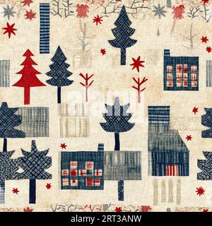 Rustikales landhaus mit primitivem Handnähstoff-Effekt. Gemütliches nostalgisches, schäbiges, hausgemachtes amerikanisches Kunsthandwerk im Winter Stockfoto