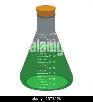 Glaslaborchemikalienmesskolben. Mit bunten Flüssigkeiten in realistischen Vektorabbildungen. Laborglas mit Chemikalien. Wissenschaftlich Stock Vektor