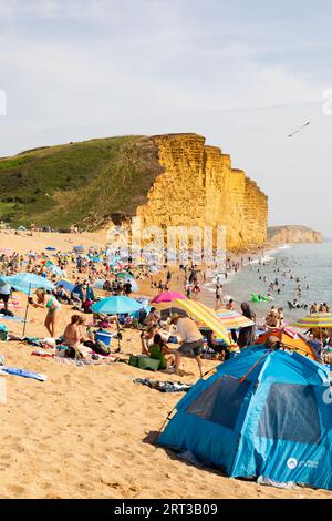 Die goldenen Klippen der West Bay mit Sonnenanbetern und Schwimmern nach dem jüngsten Felssturz. Bridport, Dorset. Der heißeste Tag des Jahres. Stockfoto