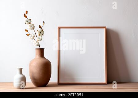 Rahmen und Plakatmotiv im Wohnzimmer mit Tonzweig in Tonvase. Skandinavisches Interieur. Stockfoto