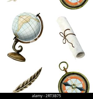 Globus, Kompass, Papier Rollen Feder Aquarell nahtlose Muster auf weißem Hintergrund für Abenteuer und Geographie Designs Stockfoto