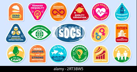 Satz SDGs-Aufkleber in verschiedenen Formen. Nachhaltige Entwicklung Ziele Sammlung Badges Vektorillustration auf blauem Hintergrund. Kennzeichnungen globaler Ziele zur Verbesserung von Gesundheit, Bildung und Wirtschaftswachstum. Stock Vektor