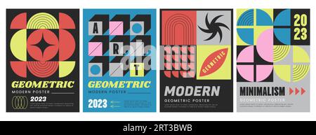 Moderne Ästhetik-Poster mit abstrakten geometrischen Formen. Vektorflyer-Kollektion im brutalistischen Kunststil mit farbenfrohen Grafikelementen, einfachen Figuren und Kopfzeilen. Cover-Kollektion mit trendigen Drucken. Stock Vektor
