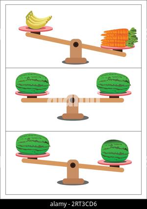 Gewichtsvergleich im Cartoon-Minimal-Stil, zeigt eine unausgewogene Situation mit Balancierung auf einer Wippe. Vektorillustration. Stock Vektor