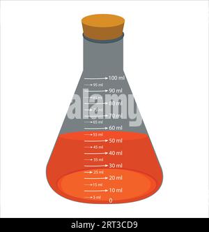 Laborchemikalienmesskolben aus Glas. Mit bunten Flüssigkeiten in einem Vektorillustrationsset. Laborglaswaren und Behälter mit Chemikalien. Stock Vektor