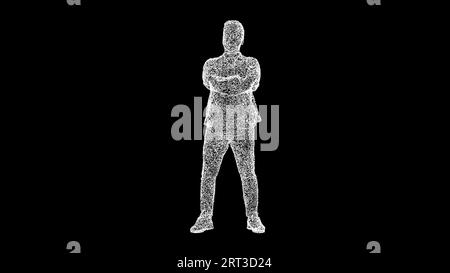 3D-Geschäftsmann mit gefalteten Armen auf schwarzem Hintergrund. Büro- und Arbeitskonzept. Personalmanagement. Hintergrund der Geschäftswerbung. Für Titel Stockfoto