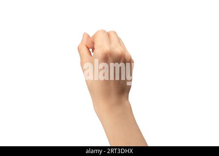 Die Hand einer Frau hält ein winziges oder dünnes Objekt, isoliert auf einem weißen Hintergrund. Stockfoto
