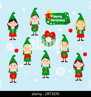 Set mit Weihnachtselfen. Die Helfer des weihnachtsmanns winken mit den Händen und lächeln. Festliche Vektorillustration von Wintercartoonfiguren. Stock Vektor