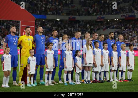 Bratislava, Slowakei. September 2023. Spieler der Slowakei, die während des Qualifikationsrunden-Spiels der Europameisterschaft 2024 zwischen der Slowakei und Portugal im Narodny Futbalovy Stadion (Bratislava) zu sehen waren. Endstand: Slowakei 0:1 Portugal. (Foto: Grzegorz Wajda/SOPA Images/SIPA USA) Credit: SIPA USA/Alamy Live News Stockfoto