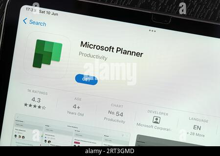 Ostersund, Schweden - 10. Juni 2023: Microsoft Planner App auf einem ipad. Microsoft Planner ist eine Planungsanwendung, die auf der Microsoft 365-Plattform verfügbar ist Stockfoto