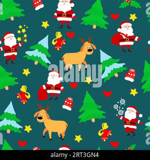 Nahtloses Weihnachtsmuster für Verpackungen, Geschenke, Textilien und festliche Tapeten. Weihnachtsbäume, Glocken, Weihnachtsmann lacht, mit einer Tüte Geschenke, Sterne. Stock Vektor