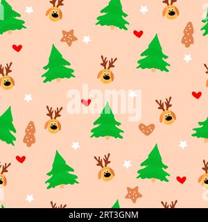 Nahtloses Weihnachtsmuster mit Tannen, Lebkuchen, Sternen und Hirschgesichtern. Hellrosa Hintergrund. Design für Geschenkpapier, Verpackungen, Textilien. Stock Vektor