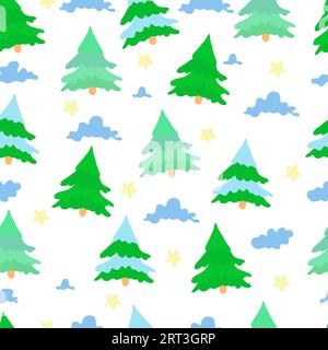 Leuchtendes Muster für Babytextilien. Stilisierte grüne und farbige Tannen, Wolken und Sterne auf weißem Hintergrund. Zeichentrickvektor. Stock Vektor