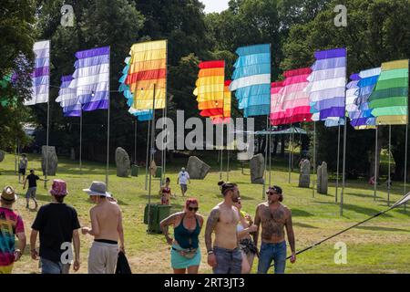 Flaggen und Banner. Musikfestival. Mucky Weekender Festival, Vicarage Farm, Woodmancott, in der Nähe von Winchester, Hampshire, UK Stockfoto