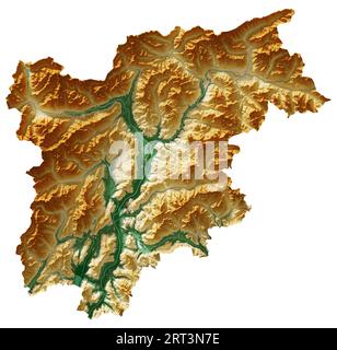 Trentino-Südtirol. Eine Region Italiens. Detailliertes 3D-Rendering einer schattierten Reliefkarte, Flüsse, Seen. Farbig nach Höhe. Reiner weißer Hintergrund. Stockfoto