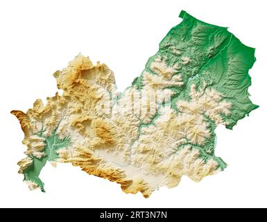 Molise. Eine Region Italiens. Detailliertes 3D-Rendering einer schattierten Reliefkarte, Flüsse, Seen. Farbig nach Höhe. Reiner weißer Hintergrund. Stockfoto