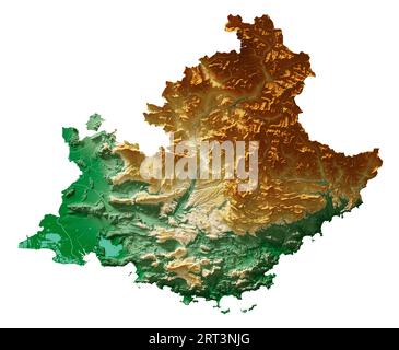 Provence-Alpes-Côte d'Azur. Region Frankreich. Detailliertes 3D-Rendering einer schattierten Reliefkarte, Flüsse, Seen. Farbig nach Höhe. Reiner weißer Hintergrund Stockfoto