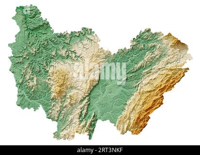 Bourgogne-Franche-Comté. Eine Region Frankreichs. Detailliertes 3D-Rendering einer schattierten Reliefkarte, Flüsse, Seen. Farbig nach Höhe. Reiner weißer Hintergrund. Stockfoto