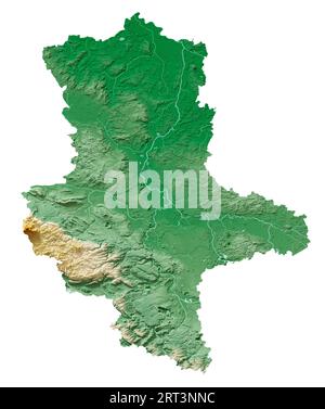 Sachsen-Anhalt. Bundesland. Detailliertes 3D-Rendering einer schattierten Reliefkarte, Flüsse, Seen. Farbig nach Höhe. Reiner weißer Hintergrund. Stockfoto
