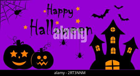Alles Gute Zu Halloween. Kürbisse mit Lächeln. Fledermäuse und Spinnen. Hexenburg. Stock Vektor