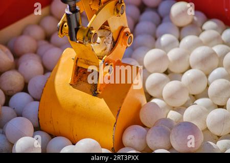 Schulung zur Arbeit an einem Spielzeugbagger, Übung für Kinder bei der Berufswahl Stockfoto