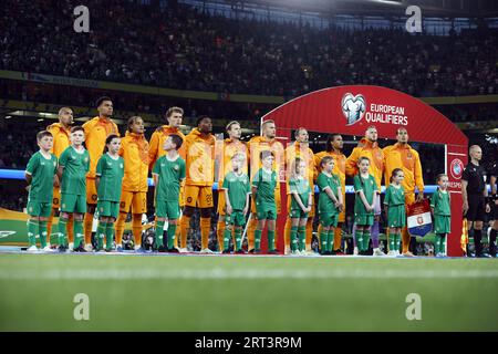 DUBLIN - (l-r) Donyell Malen von Holland, Cody Gakpo von Holland, Xavi Simons von Holland, Mats Wieffer von Holland, Denzel Dumfries von Holland, Frenkie de Jong von Holland, Matthijs de Ligt von Holland, Daley Blind von Holland, Nathan Ake von Holland, holländischer Torhüter Mark Fleken, Virgil van Dijk aus Holland während des Qualifikationsspiels zur Europameisterschaft in Gruppe B zwischen Irland und den Niederlanden im Aviva Stadium am 10. September 2023 in Dublin, Irland. ANP KOEN VAN WEEL Stockfoto