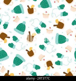 Nahtloses Wintermuster mit Hüten, Fäustlingen, Glühwein und Muffins auf weißem Hintergrund. Stock Vektor