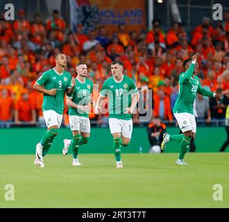 Aviva Stadium, Dublin, Irland. September 2023. International Football Group B Euro 2024 Qualifier, Republik Irland gegen Niederlande; Adam Idah gibt der Republik Irland einen Vorsprung von 1-0 mit einem Elfmeter in der 4. Minute Credit: Action Plus Sports/Alamy Live News Stockfoto