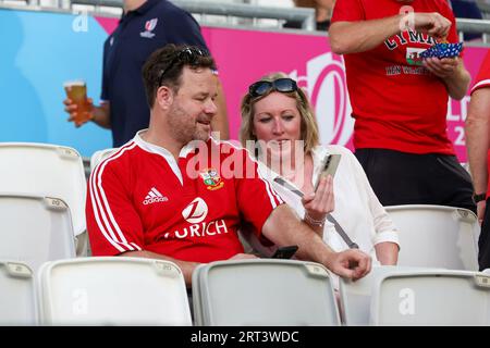 Bordeaux, Frankreich. September 2023. BORDEAUX, FRANKREICH - 10. SEPTEMBER: Fans und Unterstützer von Wales während der Rugby World Cup Frankreich 2023 Spiel zwischen Wales und Fidschi im Stade de Bordeaux am 10. September 2023 in Bordeaux, Frankreich. (Foto: Hans van der Valk/Orange Pictures) Credit: Orange Pics BV/Alamy Live News Stockfoto