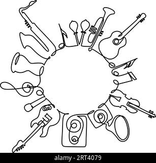 Musikinstrumente in runder Form. Silhouetten isoliert auf weißem Hintergrund. Durchgehende einzeilige Zeichnung. Vektor-Illustration umreißt Kunst Stock Vektor